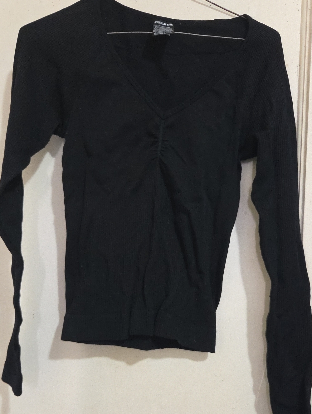 PINK Victoria's Secret Black Ribbed V-Neck Long Sleeve Top with Front Ruching